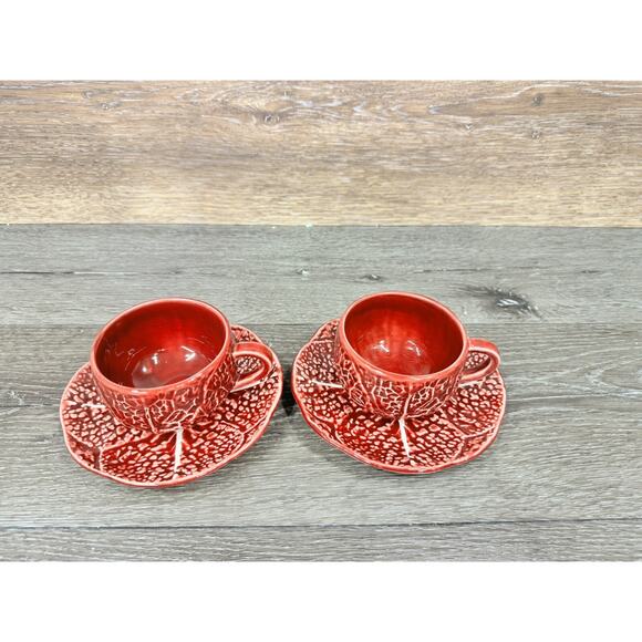 1950s Secla Majolica Portugal Secla Deep Red Cabbage Leaf Cup & Saucer Set Of 2 - Picture 2 of 11